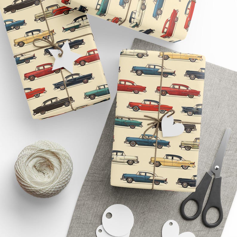 May include: Vintage car wrapping paper with a cream background and a repeating pattern of colorful cars. The cars are in shades of red, blue, green, and white.