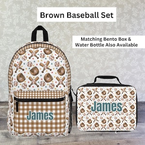 Brown Baseball Kids Backpack and Lunch Box Custom Set Baseball Monogram Bookbag Name Boy Backpack and Lunchbox Kids Kindergarten Bookbag