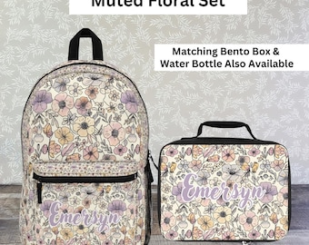 Flower Backpack and Lunchbox Set Matching Backpack with Name Custom Bookbag and Lunch Box Kid Personalized Kindergarten Floral Lunchbox Girl