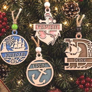 Personalized Nautical Xmas Ornaments Flat Wood Layered Sea Ornaments Wooden Name Custom Nautical Christmas Ornaments Ocean Gift for Sailor