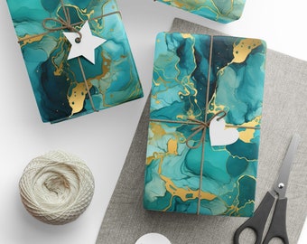 Teal & Gold Agate Marble Wrapping Paper Roll Bridal Gift Wrap Elegant Birthday Paper Adult Wrapping Paper Agate Girly Teal and Gold Shower