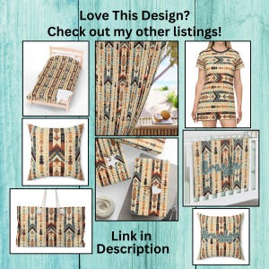 May include: A collage of various products featuring a geometric pattern with arrows in shades of brown, beige, blue, and white. The products include a throw pillow, a tote bag, a shower curtain, a t-shirt, a baby blanket, and a bedspread. The text "Love This Design? Check out my other listings!" and "Link in Description" are also included in the image.