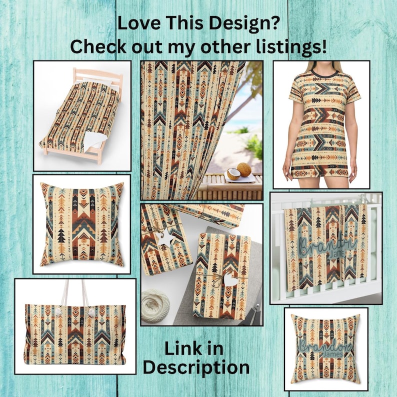 May include: A collage of various products featuring a geometric pattern with arrows in shades of brown, beige, blue, and white. The products include a throw pillow, a tote bag, a shower curtain, a t-shirt, a baby blanket, and a bedspread. The text "Love This Design? Check out my other listings!" and "Link in Description" are also included in the image.