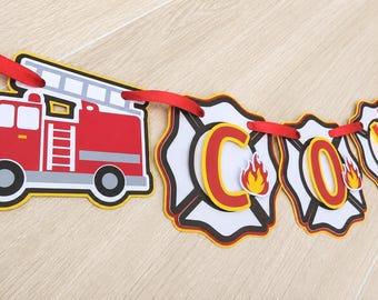 Personalized Fire Truck Birthday Banner Fire Engine Birthday Party Fire Truck Decorations Kids Toddler Fire Truck Sign Custom Handmade Paper