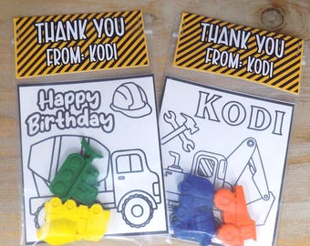 Custom Construction Coloring Pages with Crayons Birthday Party Favors Coloring Construction Truck Thank You Favors Construction Crayons Gift