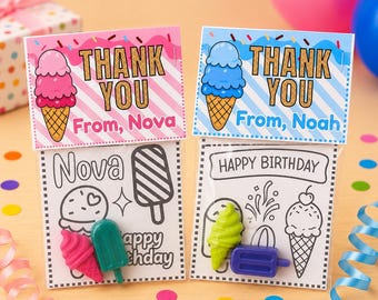 May include: Two clear plastic favor bags containing coloring cards and small ice cream-shaped erasers. The left bag features a pink striped header with the text Thank You From, Nova. The right bag has a blue striped header with Thank You From, Noah.