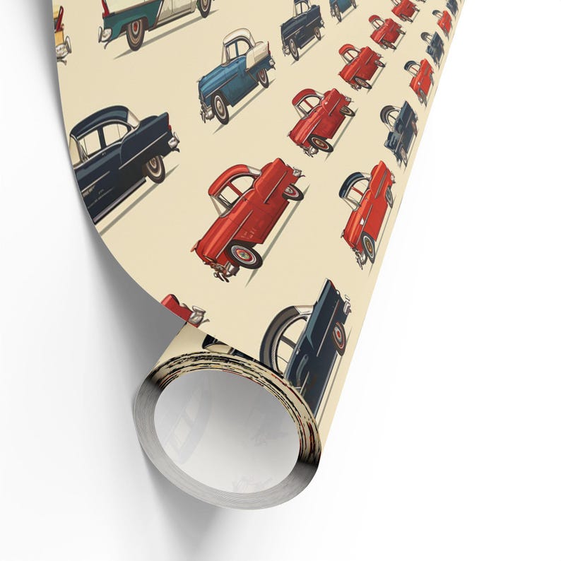 May include: A seamless pattern featuring vintage cars in red, blue, and green on a cream background. The cars are all facing the same direction and are arranged in a repeating pattern.