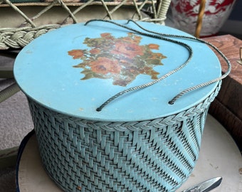 vintage 1950s Vintage Blue Wicker Sewing Box Floral Decals HARVEY Round Basket Spool Holders