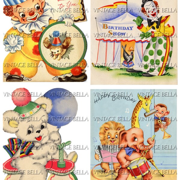 Vintage 1940s Children Animal Circus Birthday Greeting Card Digital Download 201 - by Vintage Bella