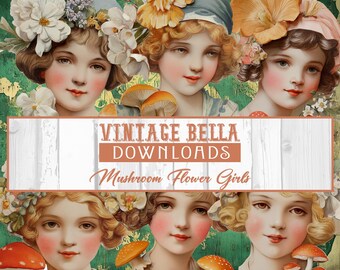 DIGITAL FILES vintage Mushroom Flower Girls illustrations VB#134