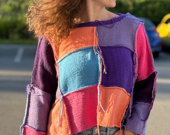 Handmade Crochet Patchwork Sweater: Custom Cotton Knit Pullover