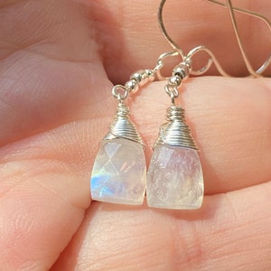 Rainbow Moonstone Sterling Silver Dangle Earrings: Faceted Briolette