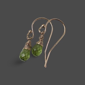 Petite Peridot Drop Earrings: 14K Gold Filled, Faceted Briolettes