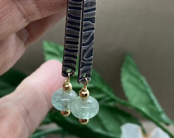 Lean Textured Sterling Silver Stick Dangles with Natural Aquamarine with 14k GF