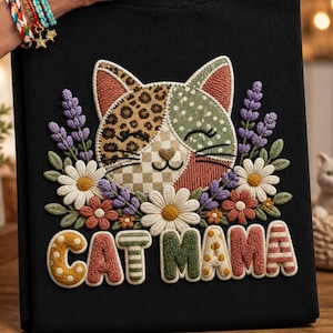 Cat Mama, Patchwork Cat Head PNG, Embroidered Floral Feline Sublimation, Kitten Design, Daisy Lavender Cat Lover, Spring Boho Cat Shirt PNG