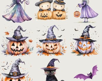 Clipart di Halloween dai colori pastello, fantasmi ad acquerello, zucche (download digitale PNG)