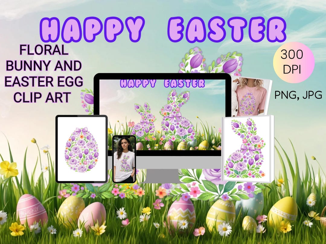 Floral Easter Bunny Egg Clipart – Spring Pastel Graphics (digital ...