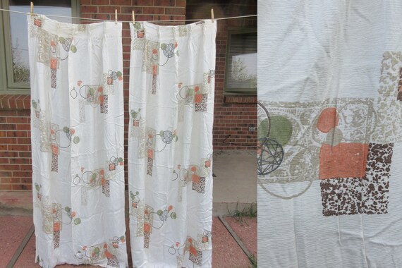 Vintage Mid Century Modern Curtain Panels Ivory With Orange Etsy