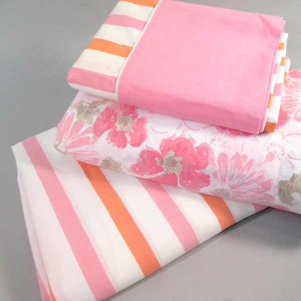 RESERVED Vintage twin sheets set remix, 1960s pink and orange stripe, pink flower power floral print, retro bedding