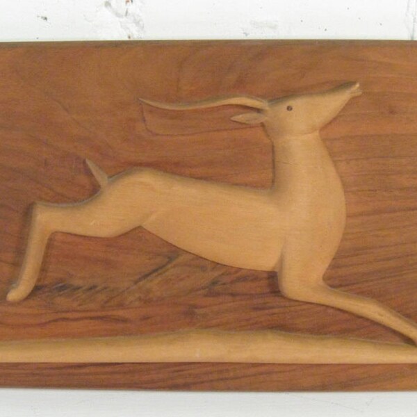 Vintage mid century modern wall hanging, wood plaque, jumping gazelle carved wood, wood art, carved antelope, wall hanging, small art