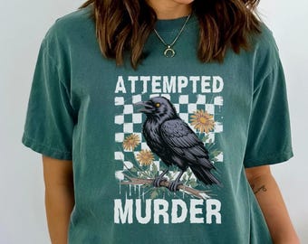 Attempted Murder Crow Shirt Funny Bird Shirt for Women Black Halloween Tee Meme Animal TShirt Crows Graphic Shirt Funny Raven Shirt