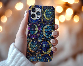 Celestial Stained Glass Effect Phone Case Stained Glass Moon Sun Phone Cover for iPhone Samsung