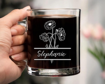 Personalized Birth Flower Mug Custom Glass Coffee Cup with Name Birth Month Flower Gift Birthday Christmas Mother Gift Bridesmaid Proposal