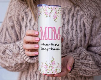 Personalized Mom Tumbler Floral Design Custom kids Names Gift for Mom
