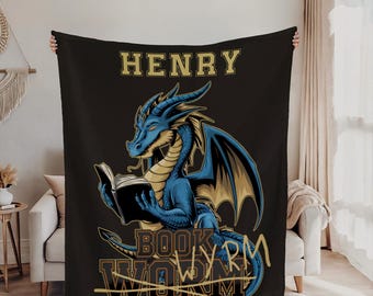 Personalized Dragon Blanket with Books Fantasy Lover Gift Cozy Reading Throw Book Reading Tapestry Dragon Book