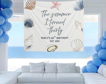 Custom Beach Birthday Tapestry Banner: Seashell Decor, Milestone Party Backdrop