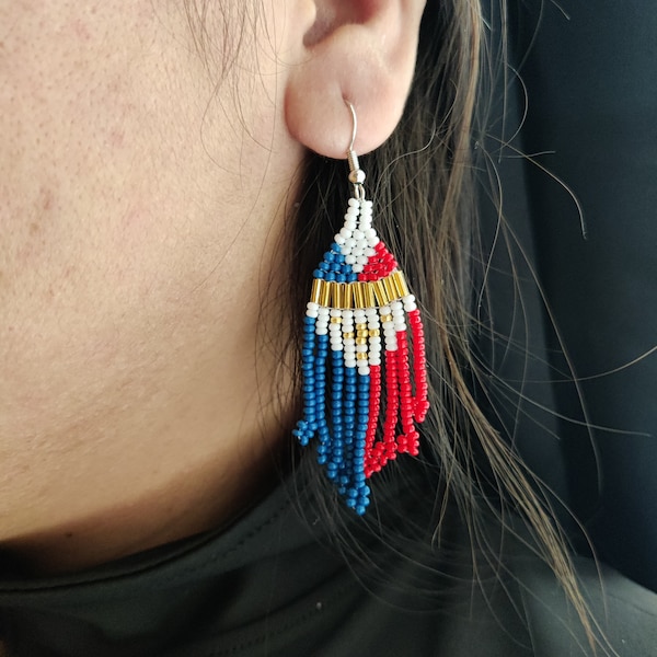Philippine Flag inspired Seed Bead Earrings, Patriotic Earrings, Filipino, Independence Day, June , Gift for Her. Customizable colors.