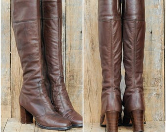1960s, Leather Boots, Us 5, Uk 3, Eu 36, Knee high Boots, Brown Leather Boots, Womens Boots, USA MADE, Tall Leather Boots, High Heel Boots