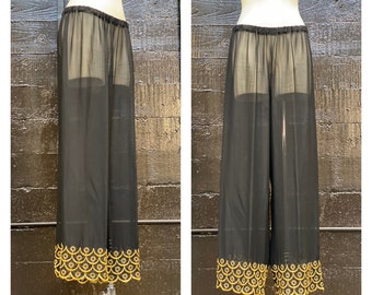 Size 8, see through pants, black sheer pants, black wide leg pants, gold trim pants, handmade pants, FREE USA SHIPPING