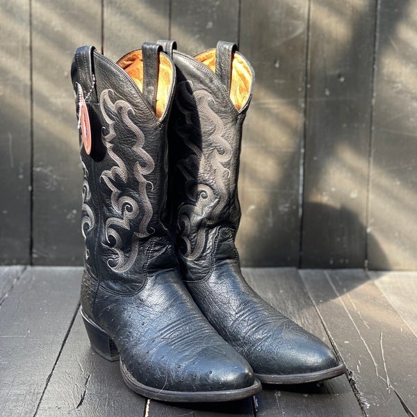 Mens 10.5, Nocona boots, vintage Nocona boots, ostrich skin boots, black cowboy boots, pointed toe boots, FREE USA SHIPPING
