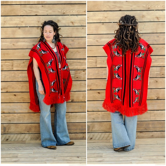 large, 1960s poncho, womens red poncho, vintage ac