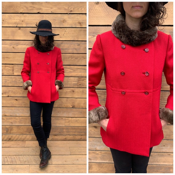 xs, wool winter coat, red winter coat, 1950s winte
