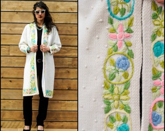 long cream cardigan long cream sweater cream sweater coat long sweater coat 1960s long sweater 1950s long sweater embroidered sweater wool