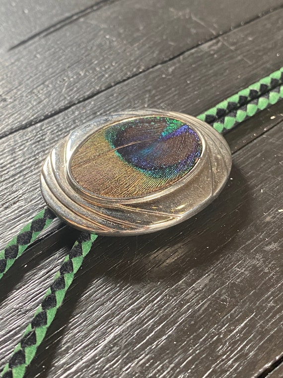 Western bolo tie, peacock bolo tie, peacock feathe