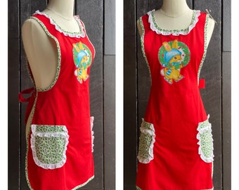 90s kitchen apron, handmade apron, red ruffle apron, ruffle apron, christmas apron, 90s christmas apron, FREE USA SHIPPING