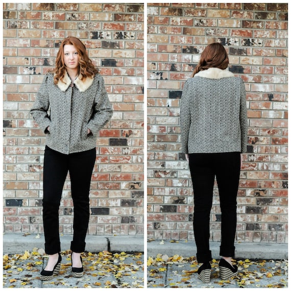 fur collar short jacket tweed jacket medium coat t