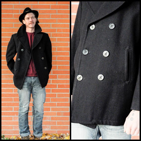 XL, 1970s peacoat, wool peacoat, mens winter coat,