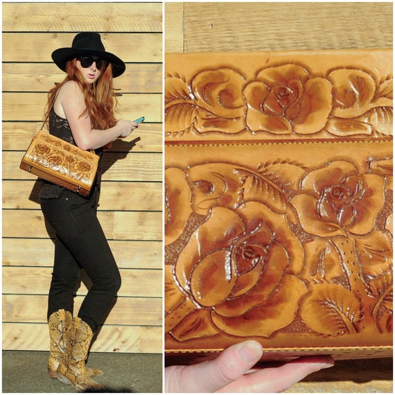vintage tooled leather hand bag nfr bag western ba