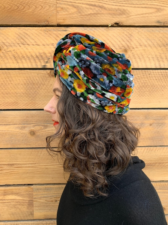 small, vintage turban, velvet hat, floral hat, 196