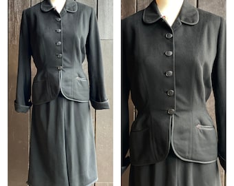 Womens Small, black skirt suit, vintage skirt suit, 1940s clothing, wool skirt suit, silk lining, FREE USA SHIPPING