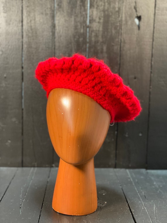 Size small, hand crochet beret, red beret, vintag… - image 2