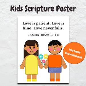 Kids Character Scripture Poster Nursery Preschool Homeschool Toddler Printable Cute Bible Verse Decor  Corinthians 13 Love is Patient Art