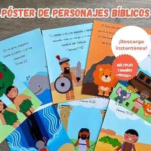May include: A colourful poster featuring illustrations of biblical characters and quotes from the Bible. The poster includes characters such as Jonah, David, Noah, and Samson. The poster is titled "Poster de Personajes Bíblicos" and includes the text "Descarga instantánea!" and "Múltiples Tamaños".