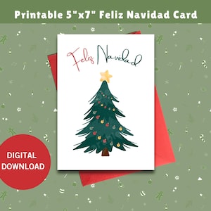 Tarjeta de felicitación navideña imprimible en español Feliz Navidad Árbol Reno Nieve Vacaciones Festivo Lindo Divertido Descargar Regalo Familiar Amigo