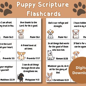 Leuke flashcards bijbelvers, schriftactiviteitenspel voor kinderen, afdrukbare hond, puppy, peuter babykaarten, kleine geheugenverzen