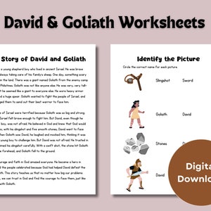 Engaging Kids Bible Worksheets, David and Goliath Lesson, Interactive Bible Stories, Christian Homeschool